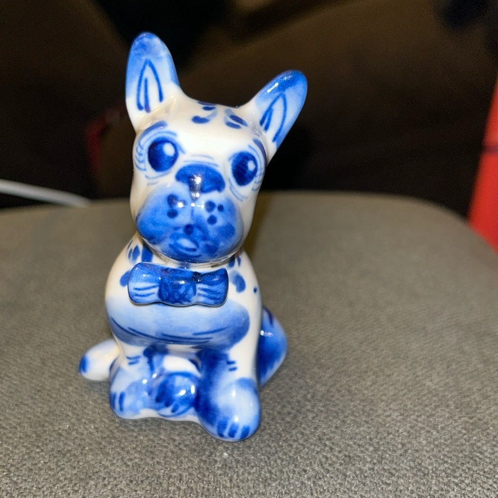 Playful doggie Collectible Gzhel style Porcelain Figurine hand-painted